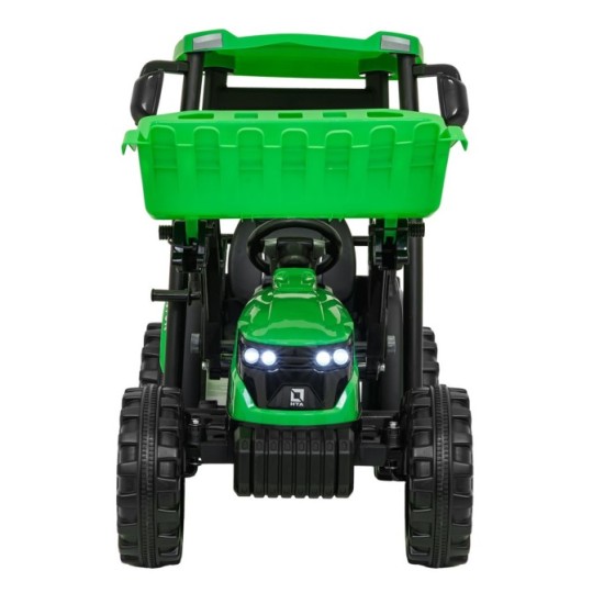 JOKO Elektrický Traktor s predným nakladačom a vlečkou D68, 2x200W 24V, kožené sedadlo, celková dĺžka 233cm, zelený