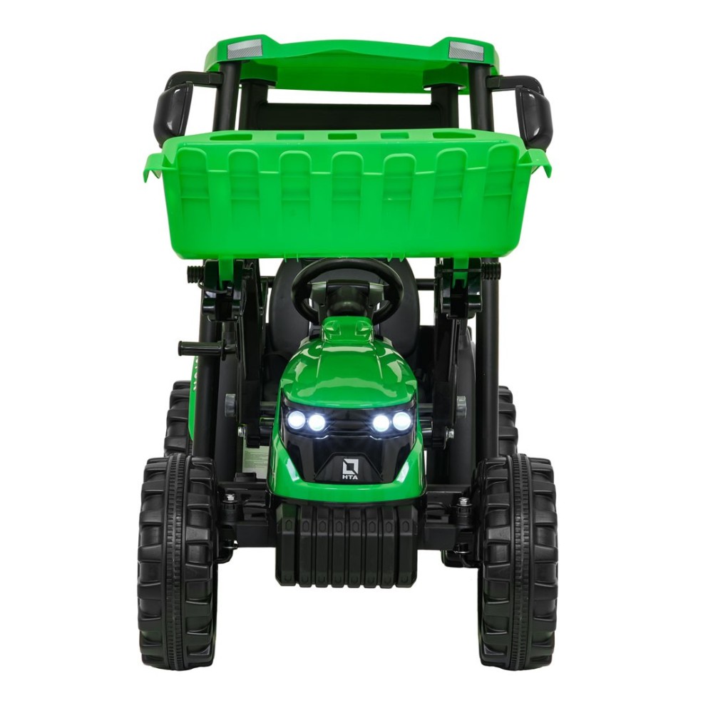 JOKO Elektrický Traktor s predným nakladačom a vlečkou D68, 2x200W 24V, kožené sedadlo, celková dĺžka 233cm, zelený