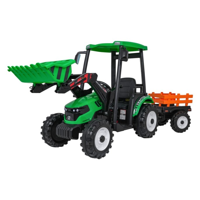 JOKO Elektrický Traktor s predným nakladačom a vlečkou D68, 2x200W 24V, kožené sedadlo, celková dĺžka 233cm, zelený