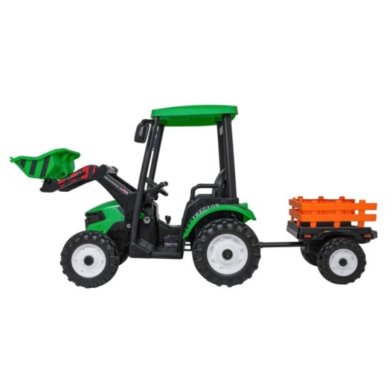 JOKO Elektrický Traktor s predným nakladačom a vlečkou D68, 2x200W 24V, kožené sedadlo, celková dĺžka 233cm, zelený