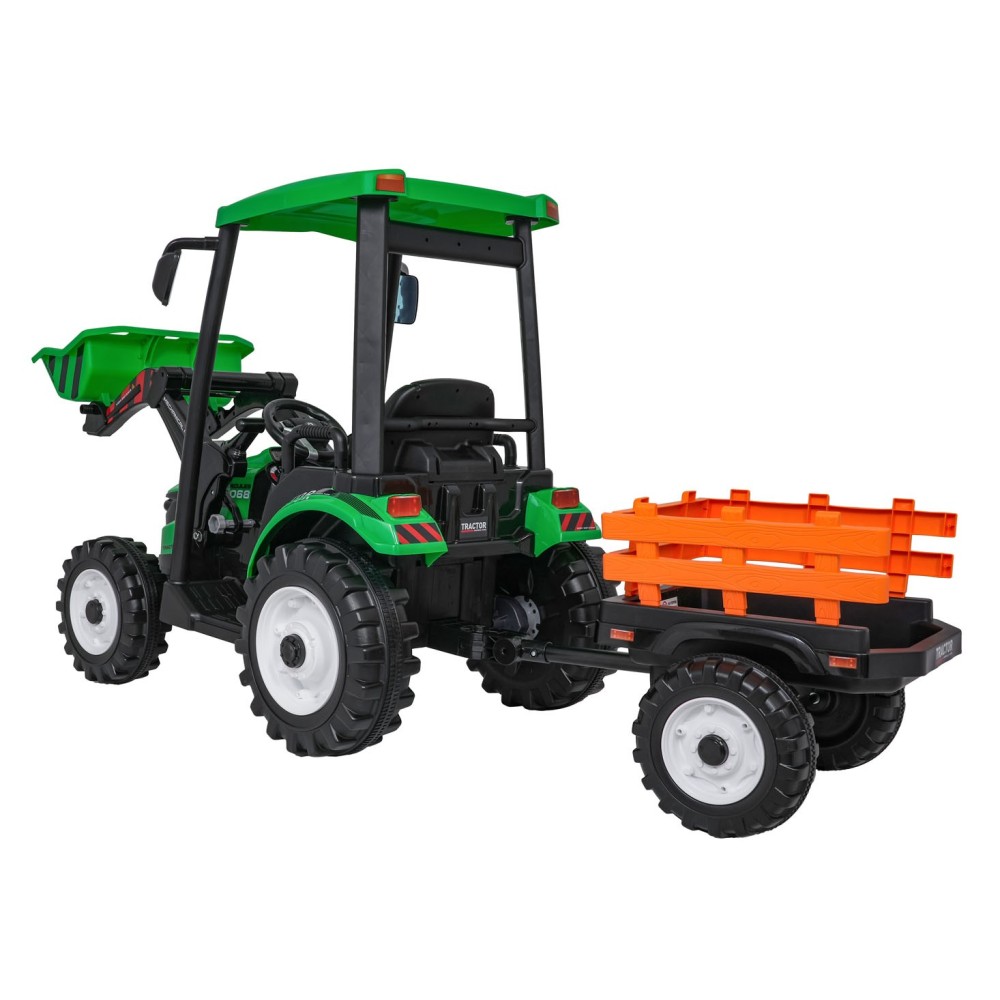JOKO Elektrický Traktor s predným nakladačom a vlečkou D68, 2x200W 24V, kožené sedadlo, celková dĺžka 233cm, zelený