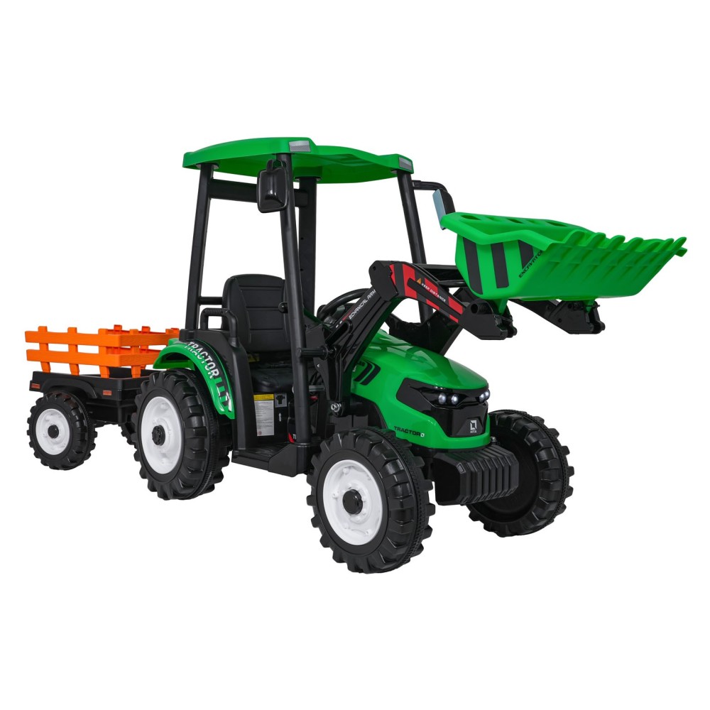 JOKO Elektrický Traktor s predným nakladačom a vlečkou D68, 2x200W 24V, kožené sedadlo, celková dĺžka 233cm, zelený