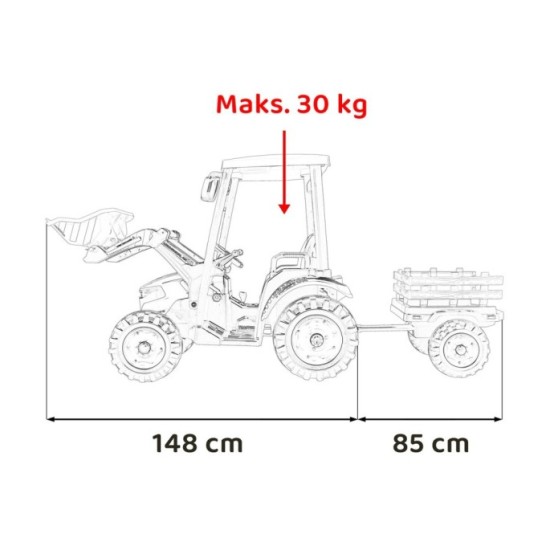JOKO Elektrický Traktor s predným nakladačom a vlečkou D68, 2x200W 24V, kožené sedadlo, celková dĺžka 233cm, zelený