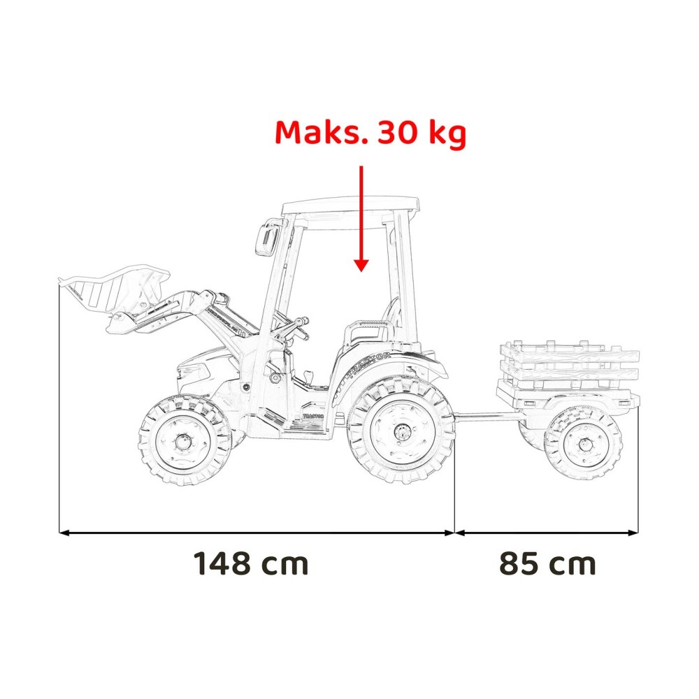 JOKO Elektrický Traktor s predným nakladačom a vlečkou D68, 2x200W 24V, kožené sedadlo, celková dĺžka 233cm, zelený
