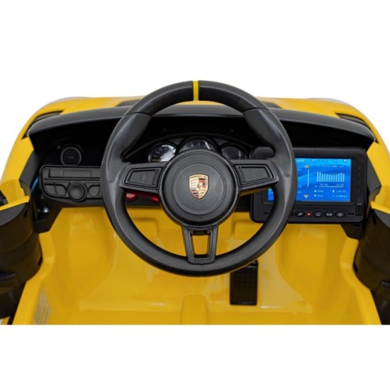 JOKO Elektrické autíčko Porsche 718, Displej MP4, Kožené sedadlo, penové kolesá, FM rádio, žlté