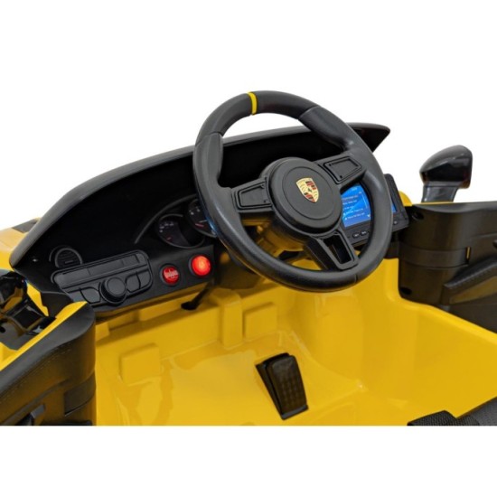 JOKO Elektrické autíčko Porsche 718, Displej MP4, Kožené sedadlo, penové kolesá, FM rádio, žlté
