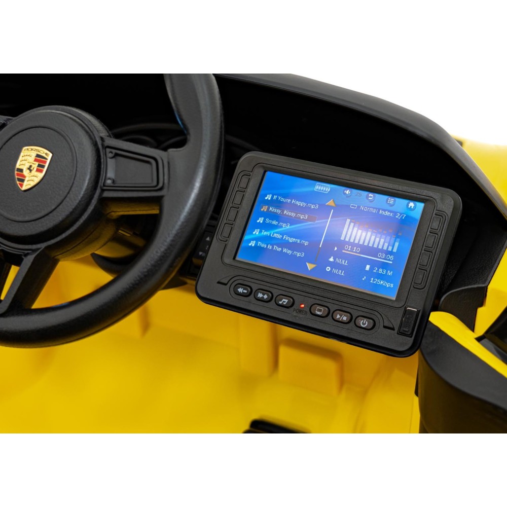 JOKO Elektrické autíčko Porsche 718, Displej MP4, Kožené sedadlo, penové kolesá, FM rádio, žlté