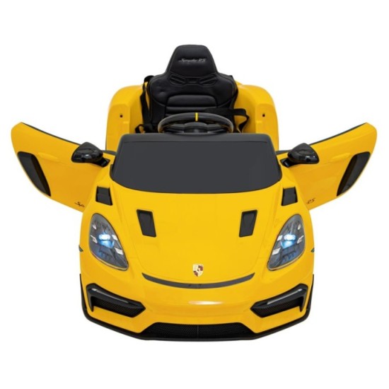 JOKO Elektrické autíčko Porsche 718, Displej MP4, Kožené sedadlo, penové kolesá, FM rádio, žlté