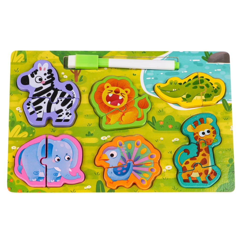 JOKO Detská Drevená Obojstranná Tabuľa s Puzzle Safari Zvieratká