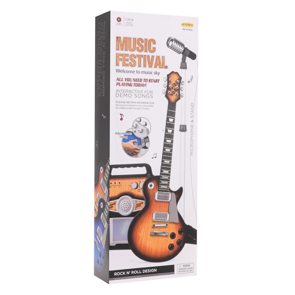 JOKO Detská Elektrická Gitara s Kombom so Svetlom, mikrofón na stojane, imitácia dreva, hnedá