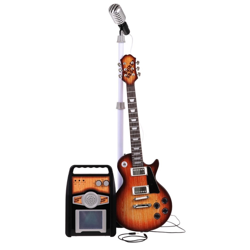JOKO Detská Elektrická Gitara s Kombom so Svetlom, mikrofón na stojane, imitácia dreva, hnedá