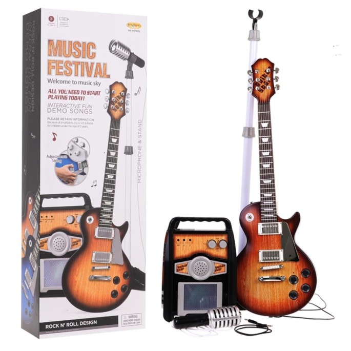 JOKO Detská Elektrická Gitara s Kombom so Svetlom, mikrofón na stojane, imitácia dreva, hnedá