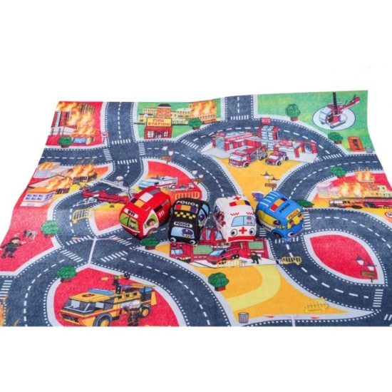 JOKO Sada Podložka Mesto 80 cm x 70 cm + 4 mäkké plyšové autíčka Polícia, Hasičské auto, Sanitka