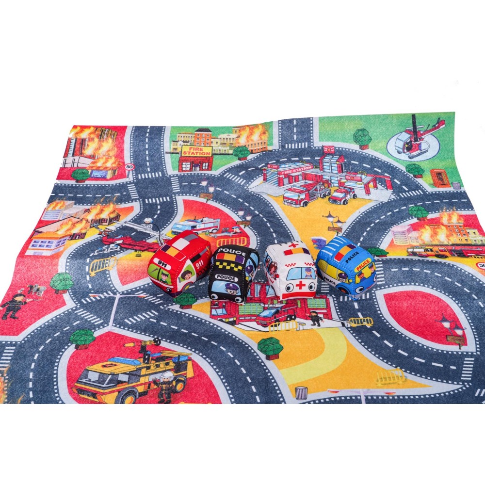 JOKO Sada Podložka Mesto 80 cm x 70 cm + 4 mäkké plyšové autíčka Polícia, Hasičské auto, Sanitka