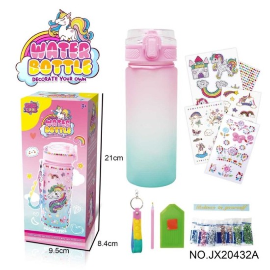 JOKO Kreatívna Fľaša na vodu Jendorožec 600ml Ozdob si Sám + Diamantové nálepky + Prívesok, ružová