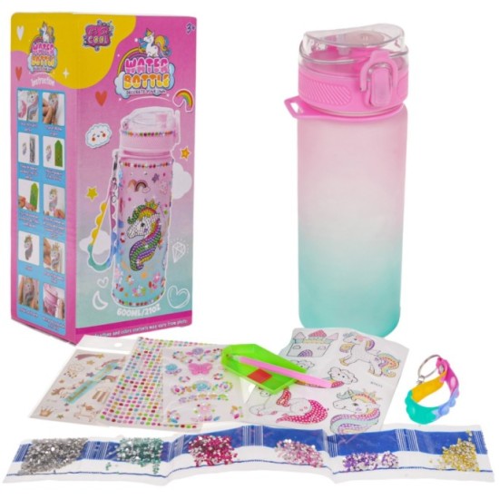 JOKO Kreatívna Fľaša na vodu Jendorožec 600ml Ozdob si Sám + Diamantové nálepky + Prívesok, ružová