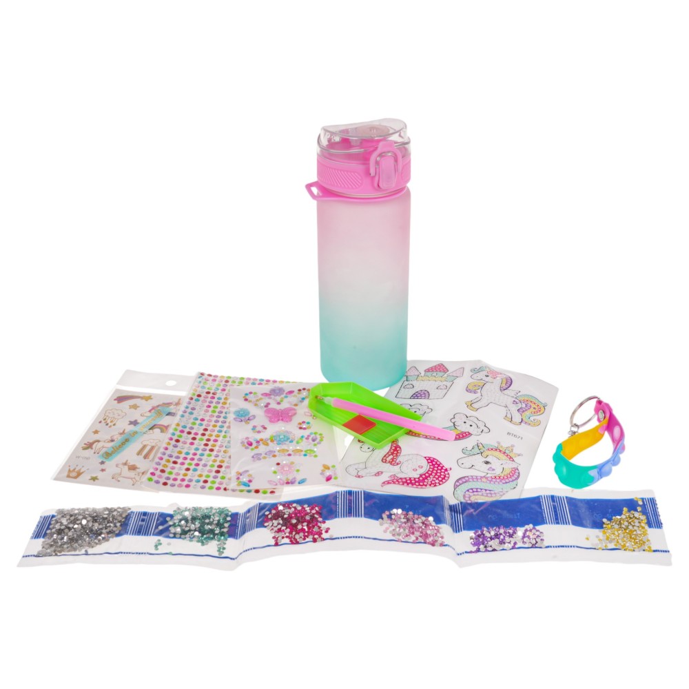 JOKO Kreatívna Fľaša na vodu Jendorožec 600ml Ozdob si Sám + Diamantové nálepky + Prívesok, ružová