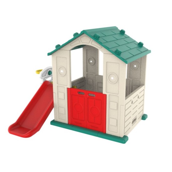 JOKO Detský Záhradný Plastový domček so šmýkačkou a basketbalovým košom, červený