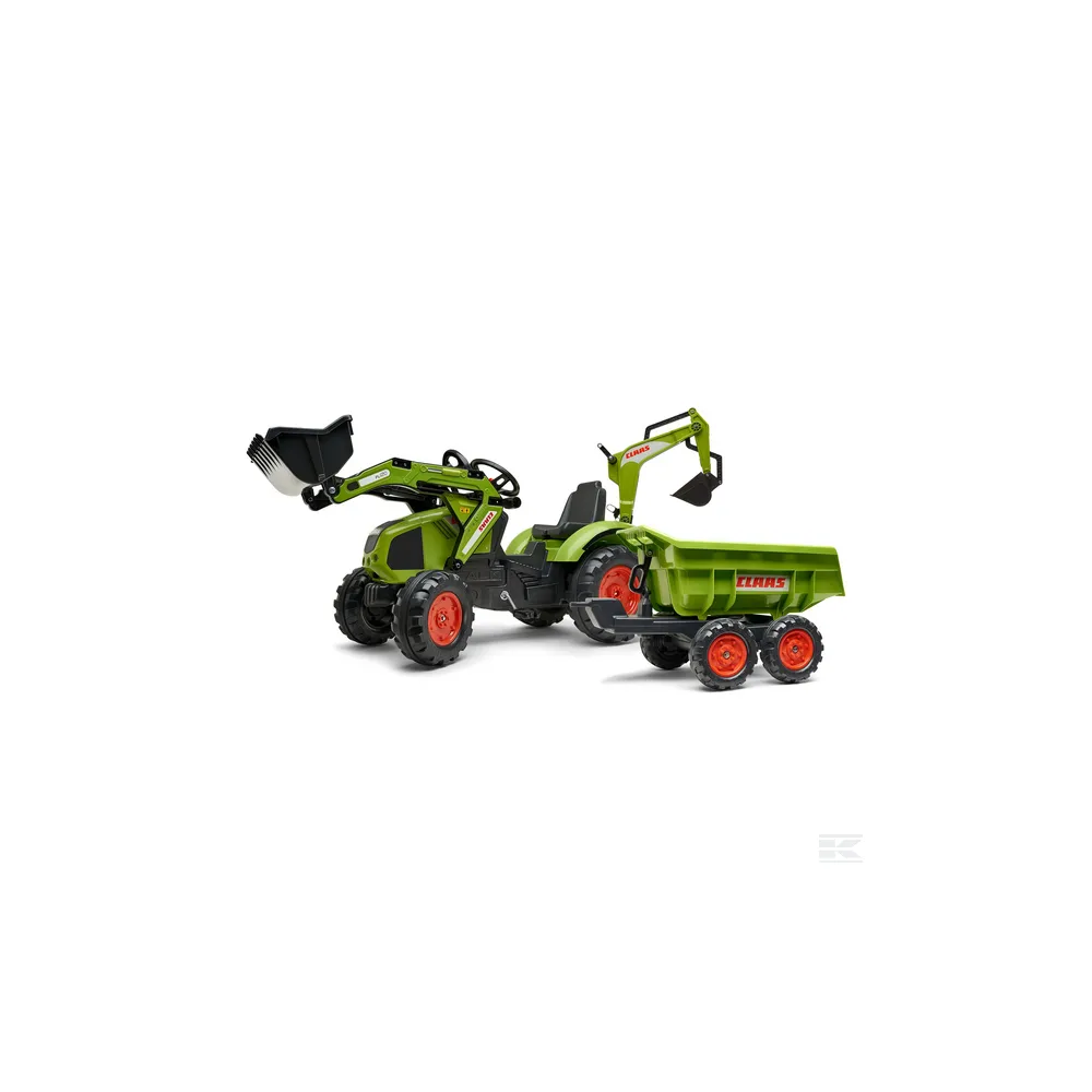 FALK Class Šľapací traktor Bager Claas Axos 330 s čelným nakladačom a sklápacou vlečkou Maxi, od 3 do 7 rokov, zelený