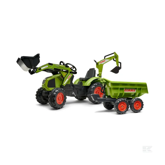 FALK Class Šľapací traktor Bager Claas Axos 330 s čelným nakladačom a sklápacou vlečkou Maxi, od 3 do 7 rokov, zelený