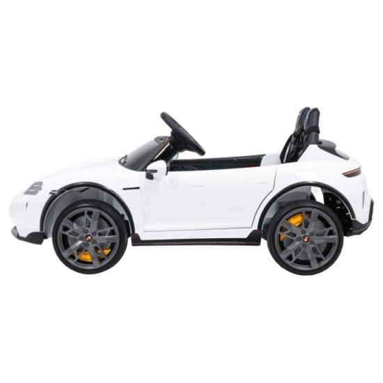JOKO Elektrické autíčko Porsche Taycan Turbo S, penové kolesá, kožené sedadlo, biele