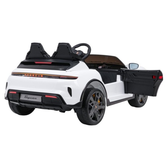 JOKO Elektrické autíčko Porsche Taycan Turbo S, penové kolesá, kožené sedadlo, biele
