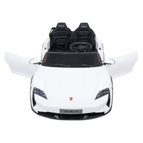 JOKO Elektrické autíčko Porsche Taycan Turbo S, penové kolesá, kožené sedadlo, biele