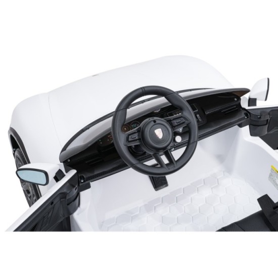 JOKO Elektrické autíčko Porsche Taycan Turbo S, penové kolesá, kožené sedadlo, biele