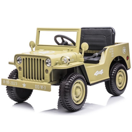 JOKO Elektrické autíčko Vojenský Jeep Willys, kožené sedadlo, penové kolesá, hnedé