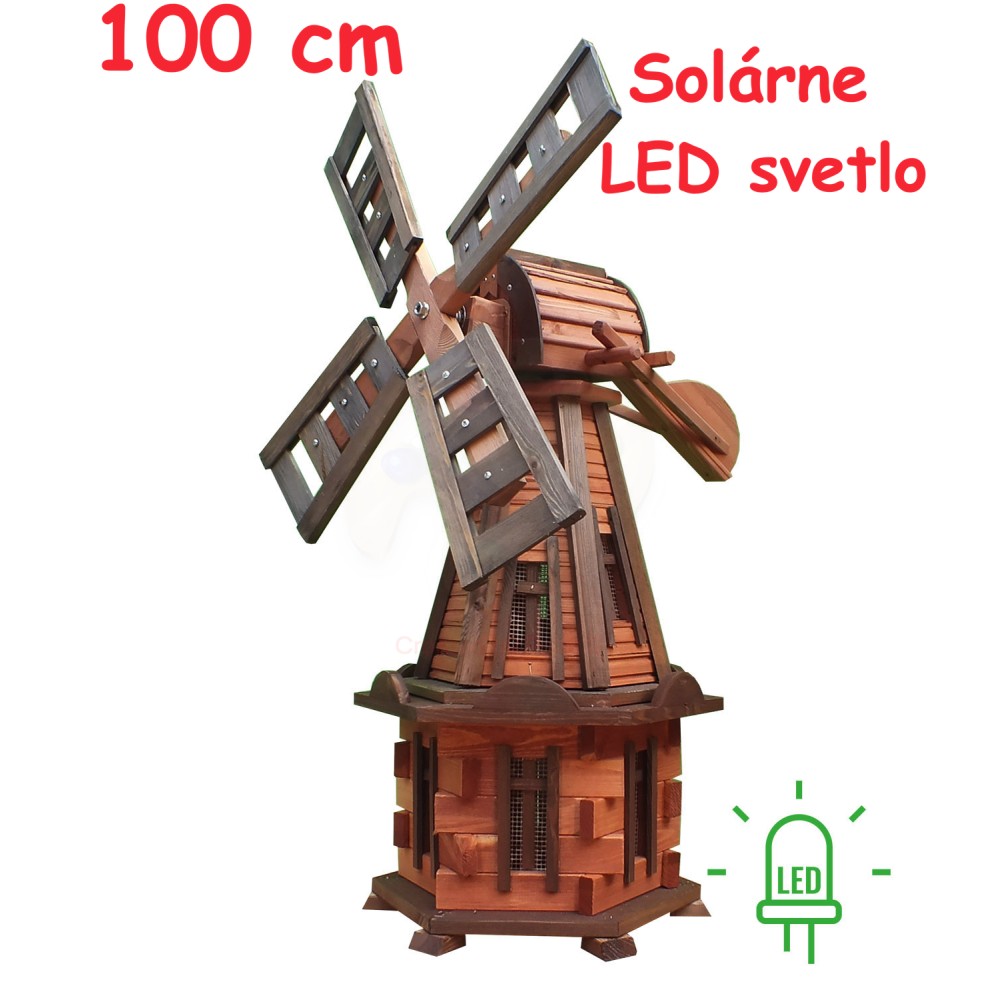 MKSTOR Drevený Solárny veterný mlyn záhradný otočný dekoračný 100cm s LED osvetlením, jelša+palisander, W31S