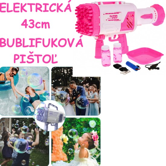 JOKO Veľká Elektrická Bublifuková pištoľ a ventilátor 2v1 43cm so svetlom, 52 dierová + 2 bublifukové náplne + nabíjačka, ružová