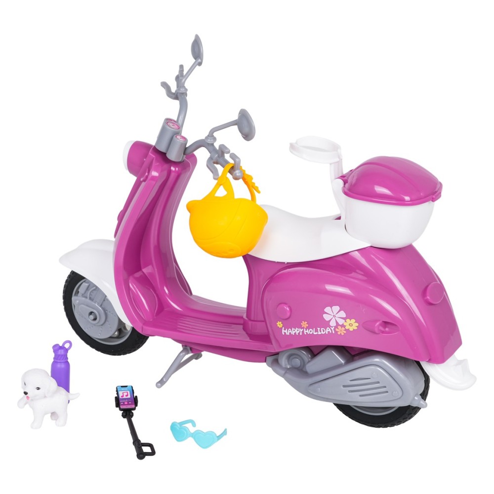 Anlily Motorka, Skúter pre bábiky s Prilbou a košíkom, Selfie Tyč, Pes, Fľaša, Okuliare, ružový