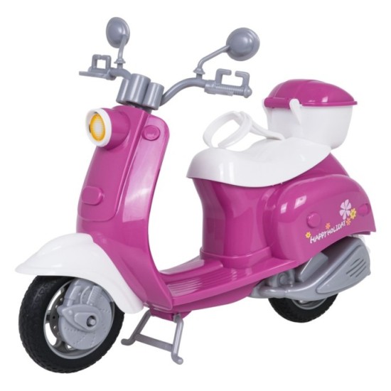 Anlily Motorka, Skúter pre bábiky s Prilbou a košíkom, Selfie Tyč, Pes, Fľaša, Okuliare, ružový