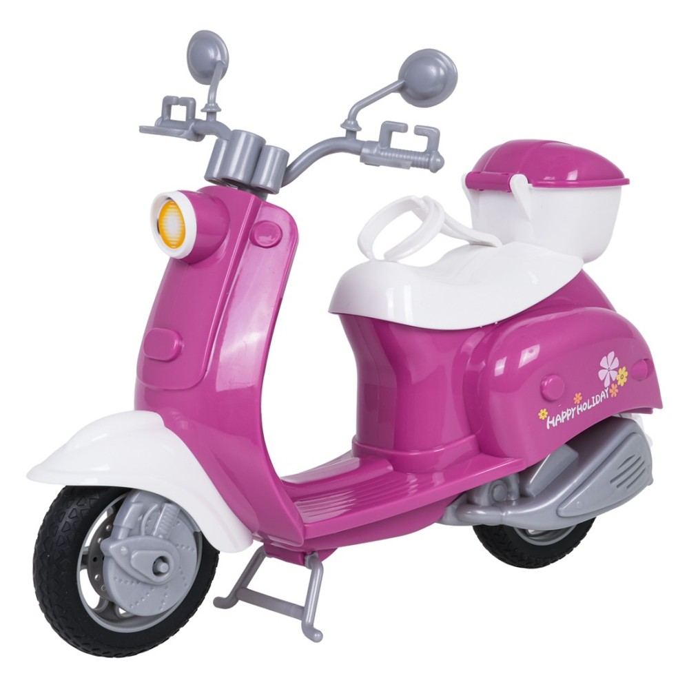 Anlily Motorka, Skúter pre bábiky s Prilbou a košíkom, Selfie Tyč, Pes, Fľaša, Okuliare, ružový