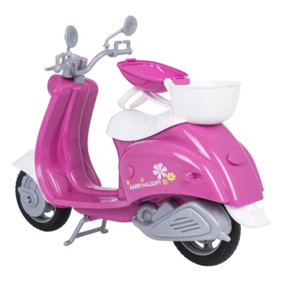 Anlily Motorka, Skúter pre bábiky s Prilbou a košíkom, Selfie Tyč, Pes, Fľaša, Okuliare, ružový