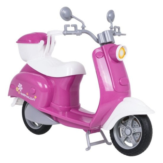 Anlily Motorka, Skúter pre bábiky s Prilbou a košíkom, Selfie Tyč, Pes, Fľaša, Okuliare, ružový