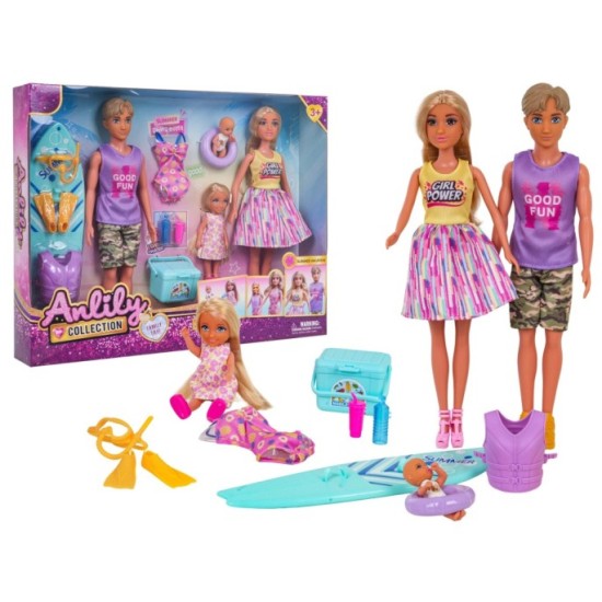 Anlily Sada Bábiky Rodinka na Dovelenke s bábätkom + Surf, potápačské oblečenie, plavky, koleso, otec, mama