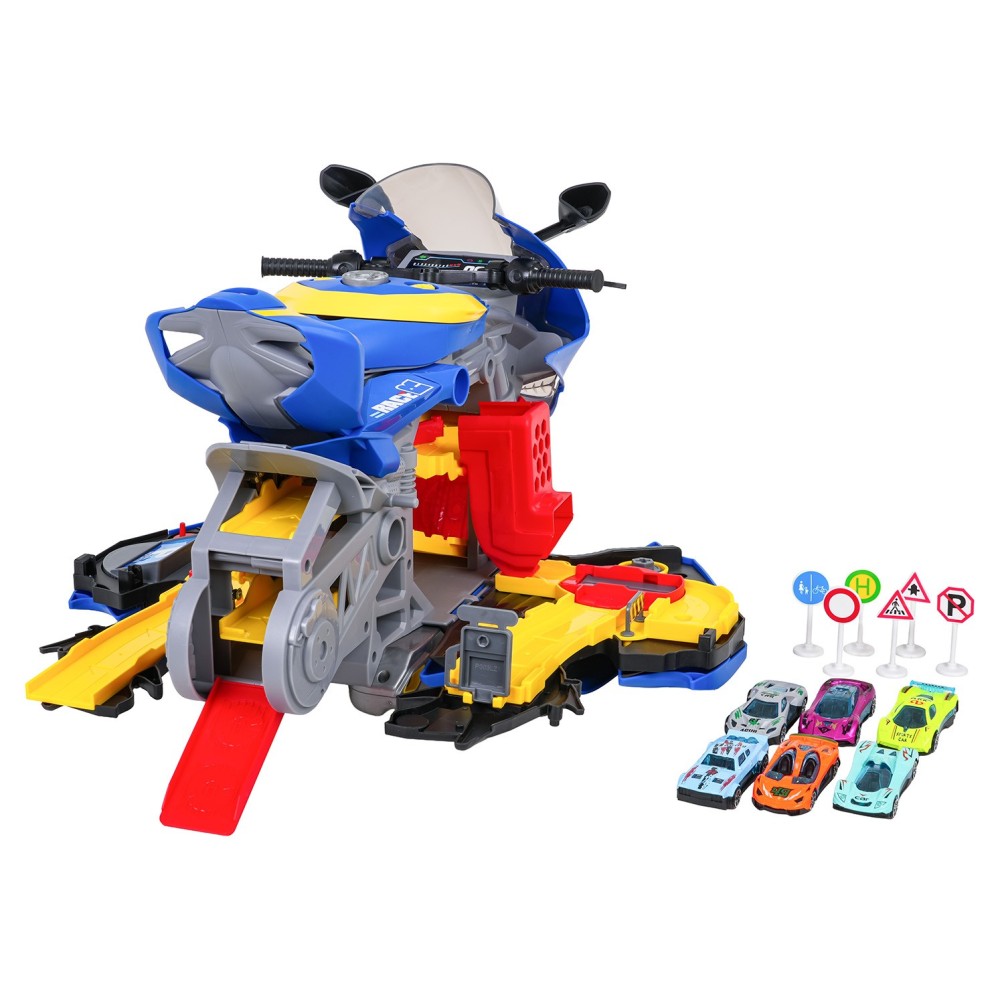 JOKO Parkovisko Motorka 38,5cm so svetlom, zvukom a DYMOVÝM Efektom + Autíčka, modré