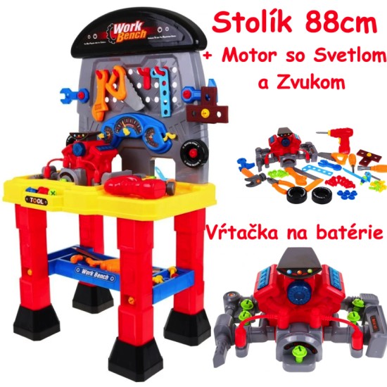 JOKO Detský stolík s náradím 88cm + Motor so svetlom a zvukom + vŕtačka na batérie