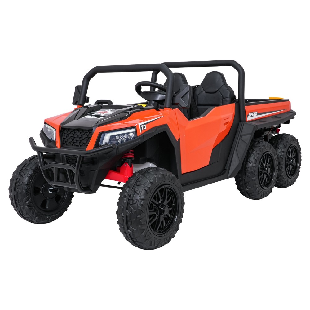 JOKO Elektrické autíčko Farmer X-POWER 4x200W 24V, kožené sedadlo 2 deti, Elektricky Vyklápacia vlečka, penové kolesá, oranžové