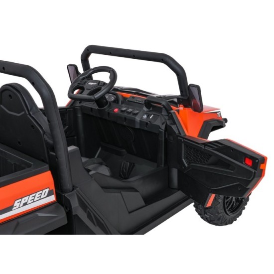 JOKO Elektrické autíčko Farmer X-POWER 4x200W 24V, kožené sedadlo 2 deti, Elektricky Vyklápacia vlečka, penové kolesá, oranžové