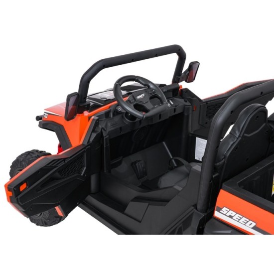 JOKO Elektrické autíčko Farmer X-POWER 4x200W 24V, kožené sedadlo 2 deti, Elektricky Vyklápacia vlečka, penové kolesá, oranžové