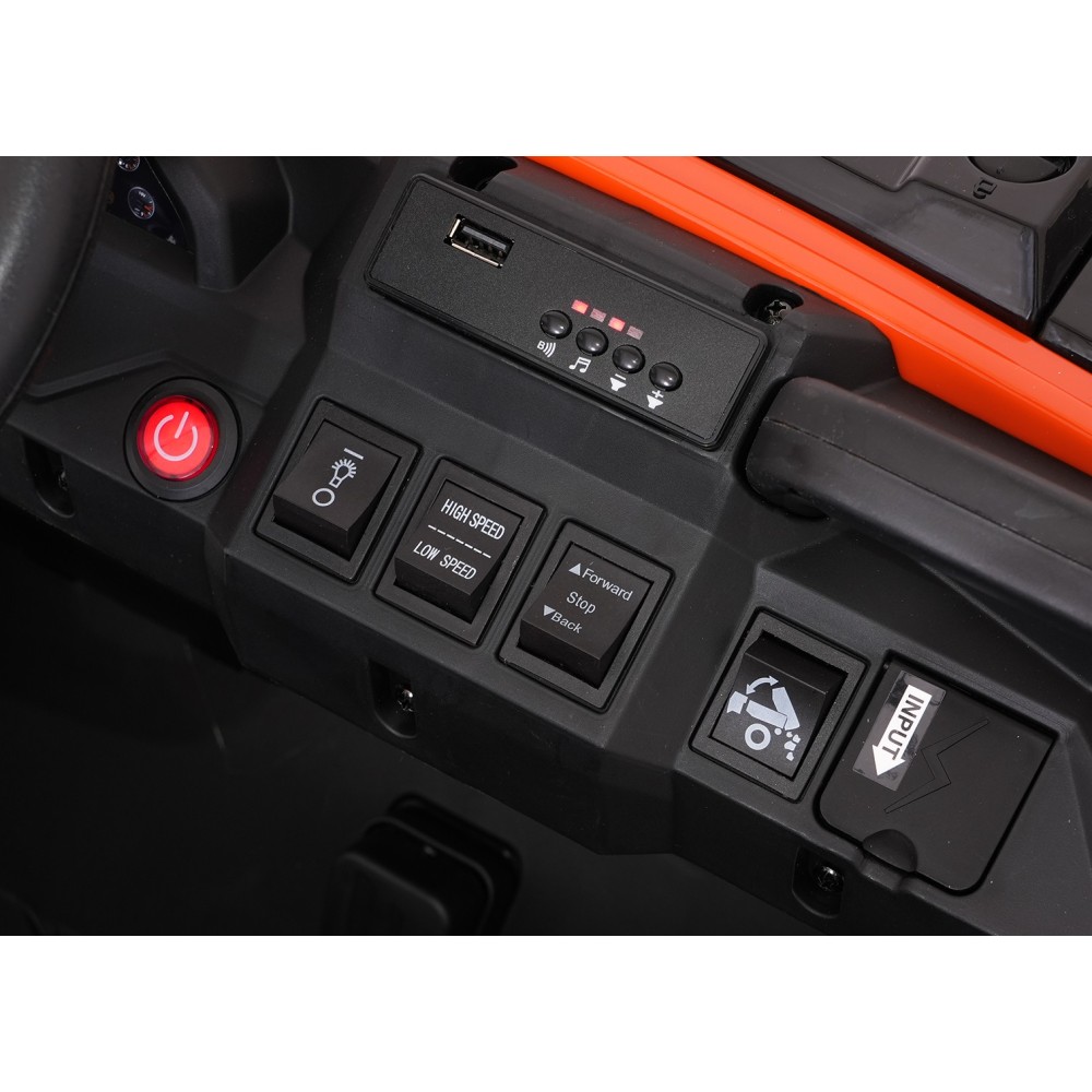 JOKO Elektrické autíčko Farmer X-POWER 4x200W 24V, kožené sedadlo 2 deti, Elektricky Vyklápacia vlečka, penové kolesá, oranžové