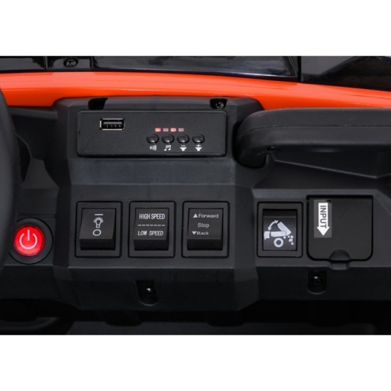 JOKO Elektrické autíčko Farmer X-POWER 4x200W 24V, kožené sedadlo 2 deti, Elektricky Vyklápacia vlečka, penové kolesá, oranžové