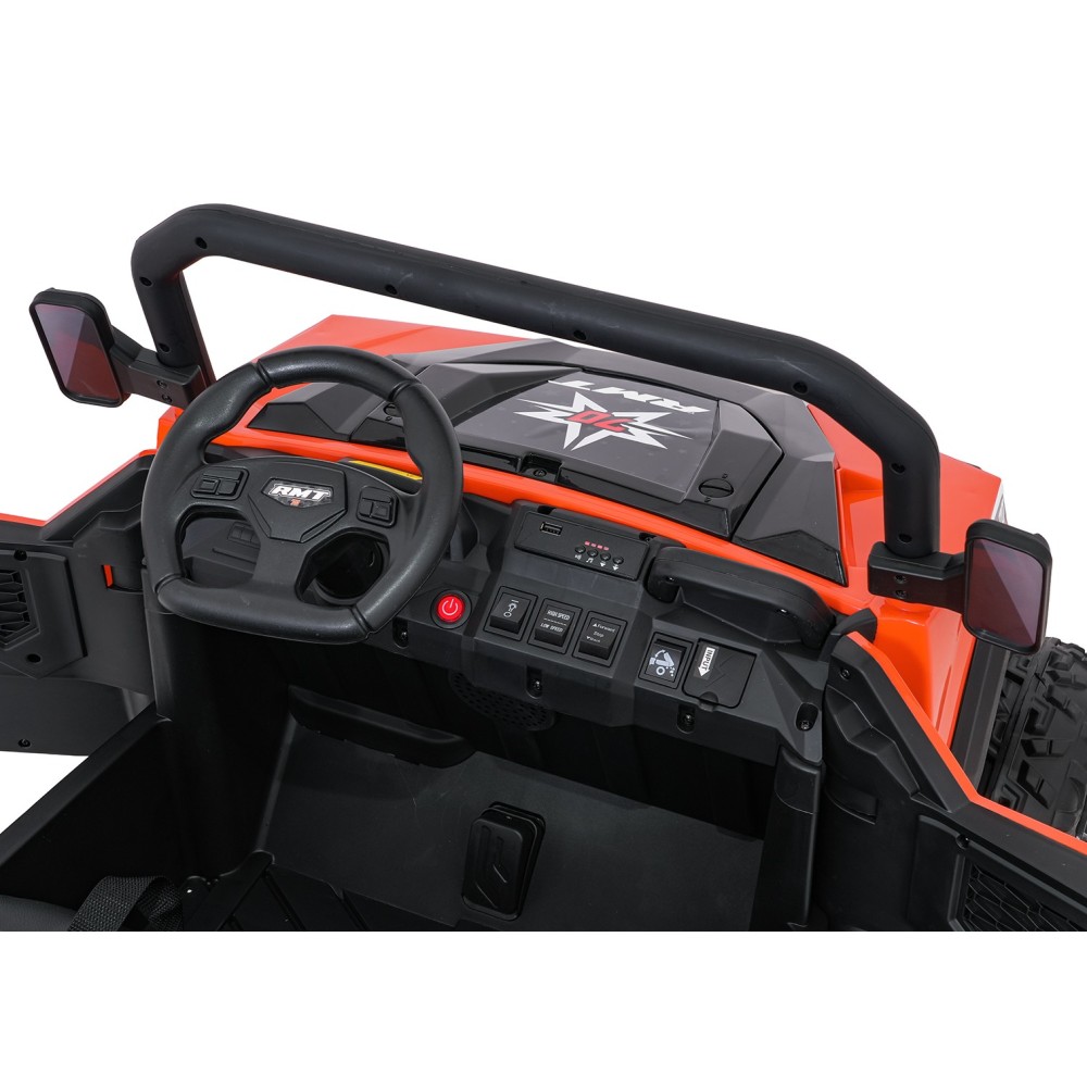 JOKO Elektrické autíčko Farmer X-POWER 4x200W 24V, kožené sedadlo 2 deti, Elektricky Vyklápacia vlečka, penové kolesá, oranžové