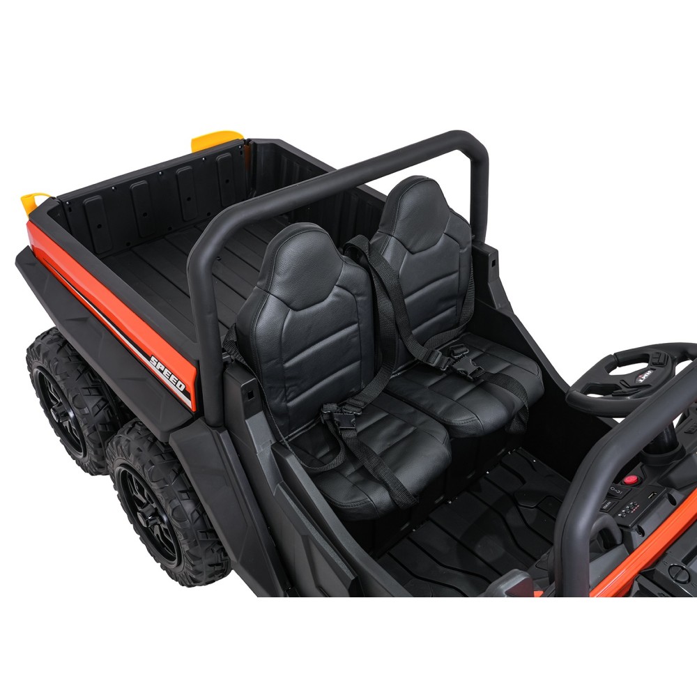 JOKO Elektrické autíčko Farmer X-POWER 4x200W 24V, kožené sedadlo 2 deti, Elektricky Vyklápacia vlečka, penové kolesá, oranžové