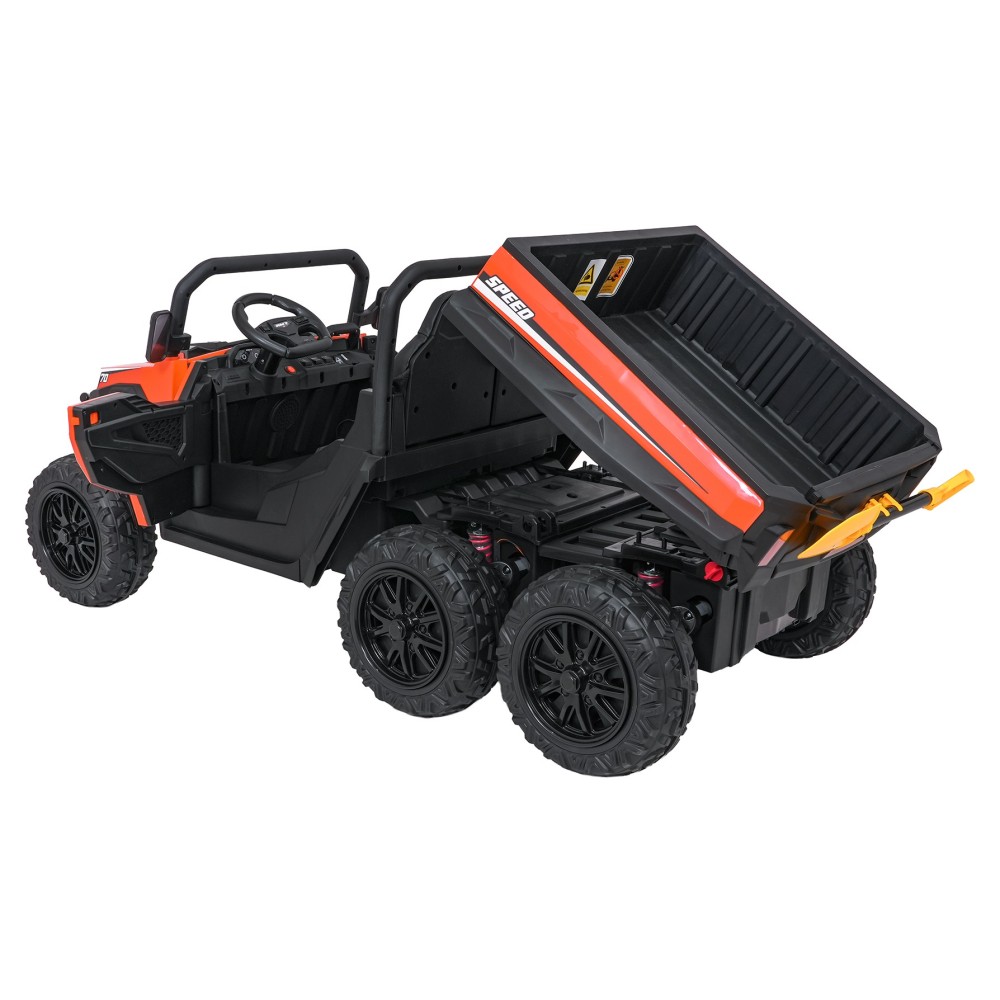 JOKO Elektrické autíčko Farmer X-POWER 4x200W 24V, kožené sedadlo 2 deti, Elektricky Vyklápacia vlečka, penové kolesá, oranžové