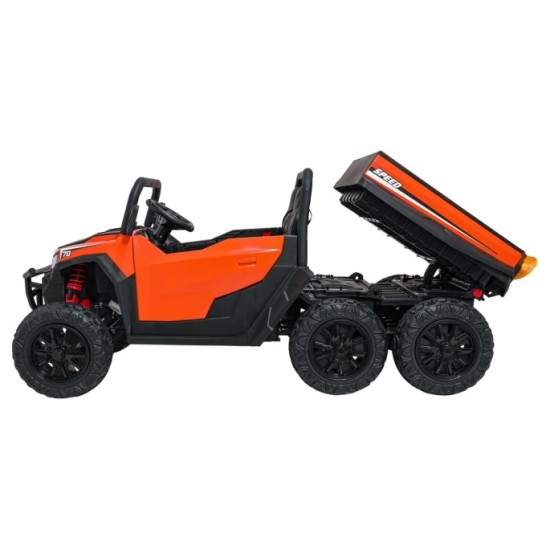 JOKO Elektrické autíčko Farmer X-POWER 4x200W 24V, kožené sedadlo 2 deti, Elektricky Vyklápacia vlečka, penové kolesá, oranžové