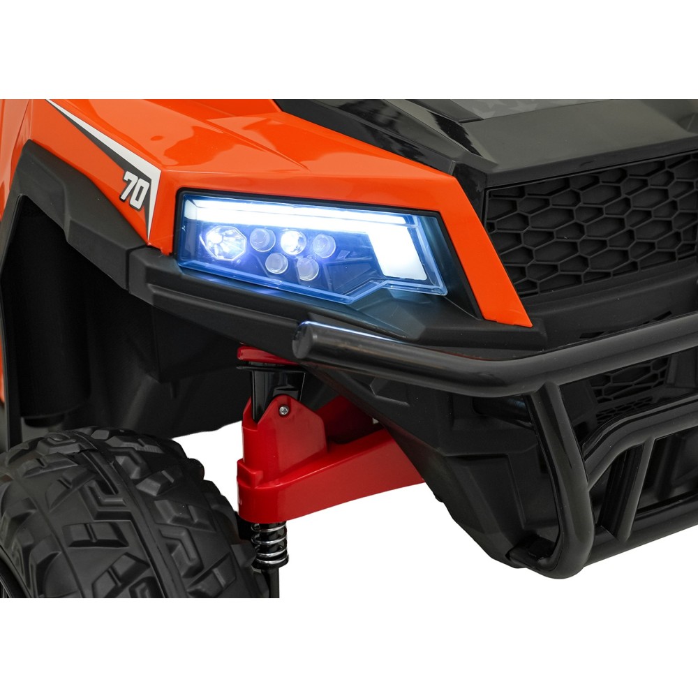 JOKO Elektrické autíčko Farmer X-POWER 4x200W 24V, kožené sedadlo 2 deti, Elektricky Vyklápacia vlečka, penové kolesá, oranžové