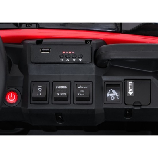 JOKO Elektrické autíčko Farmer X-POWER 4x200W 24V, kožené sedadlo 2 deti, Elektricky Vyklápacia vlečka, penové kolesá, červené